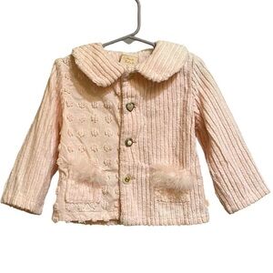 Haute Baby Pink Chenille Button Up Marabou Trimmed Jacket Size 4T